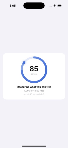 A progress ring at 85 percent, labelled Measuring what you can free, 1,200 of 4,800 files, about 40 seconds left.